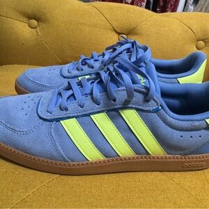 adidas Blue Suede Sneakers with Neon Green Stripes